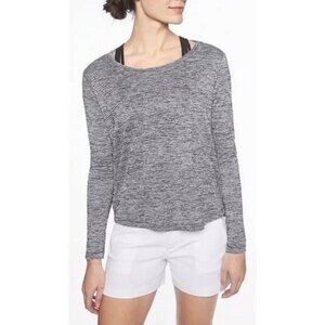 Athleta Breezy Womens Tee S Heather Gray Striped Crew Neck Long Sleeve Cut Out